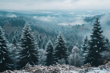 moody landscape of black forest with conifer trees and snow travel destination in germany - obrazy, fototapety, plakaty