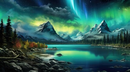 The majestic mountains are covered in snow. The sky is dark, with bright, colorful lights dancing in the sky.
