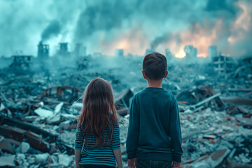 Little boy and girl, sad alone children, ruined house, destroyed city street post apocalyptic scene.