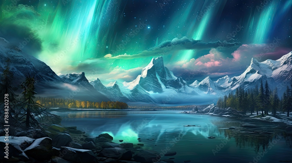 Poster the image is a beautiful landscape of a mountain range at night. the mountains are covered in snow. 