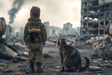 Boy sad alone child hugs dirty cat, ruined house, destroyed city street post apocalyptic scene.
