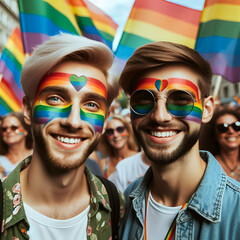 
two men with their faces painted in lgbt colors