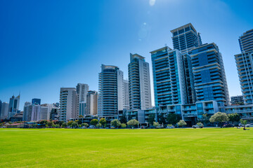 Perth, Australia - August 31, 2023: Langley Park and Perth Skyline on a beautiful sunny day
