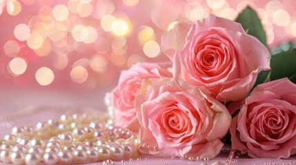 A charming ensemble of pink roses elegantly paired with pearls set against a dreamy pastel backdrop with a touch of abstract blur This delightful composition is perfect for weddings exuding