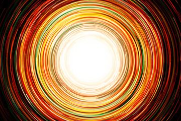 Neon circle lines with empty copy space isolated on black background. Colorful led lights long exposure rotation photo. Eco shiny light glow. Cosmos space planet abstraction. Red vortex spiral.