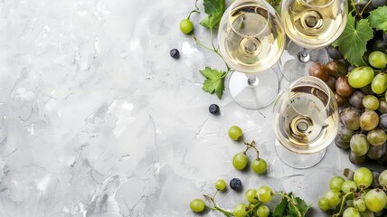 Two glasses of white wine with grapes on marble surface