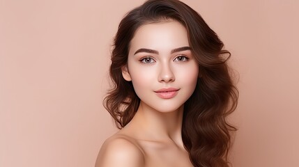 Naklejka premium Close-up portrait of a beautiful young woman with long, flowing hair. She has a soft, natural smile and her eyes are looking directly at the camera.