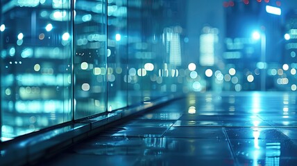 Fototapeta premium Bokeh lights illuminating cityscape at night reflected on wet surface