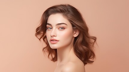 Fototapeta premium A beautiful young woman with long, flowing hair and a flawless complexion. She is wearing a simple dress and has a soft smile on her face.