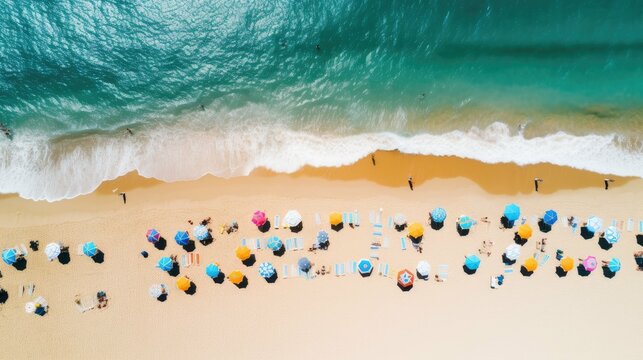 Top view of the beach with colorful umbrellas.