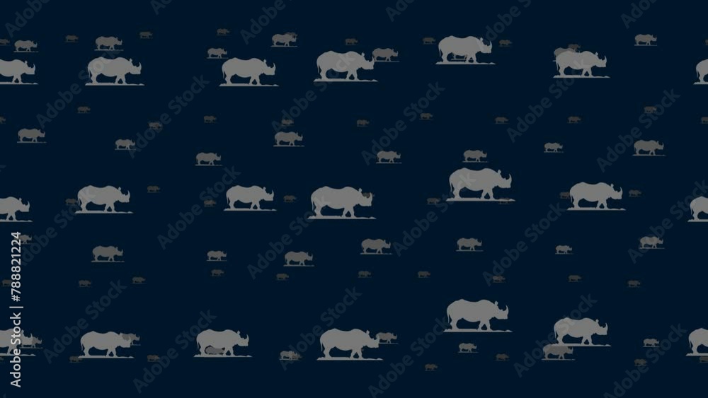 Poster wild rhino symbols float horizontally from left to right. parallax fly effect. floating symbols are 