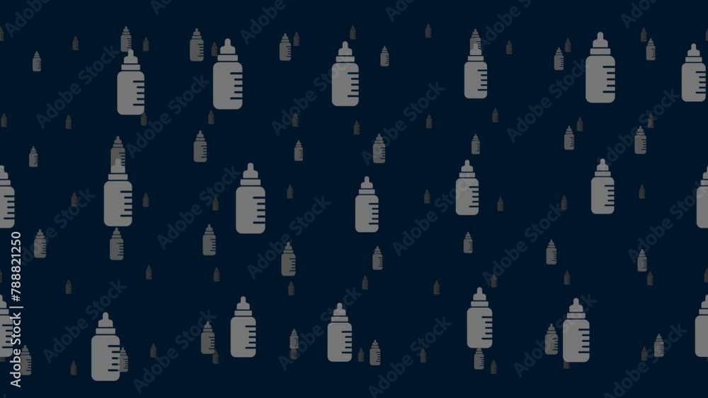Poster feeding bottle symbols float horizontally from left to right. parallax fly effect. floating symbols 