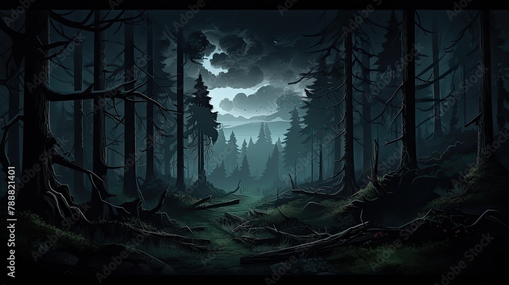 Poster a dark and mysterious forest with a path leading into the distance.
