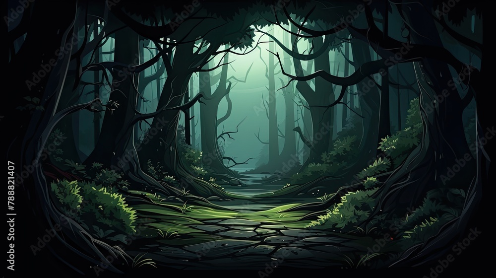 Poster a dark and mysterious forest with a path leading through it.