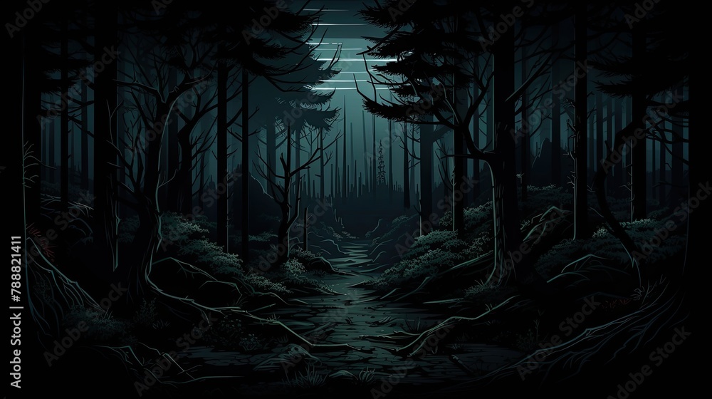 Poster a dark and mysterious forest with a path leading into the unknown.