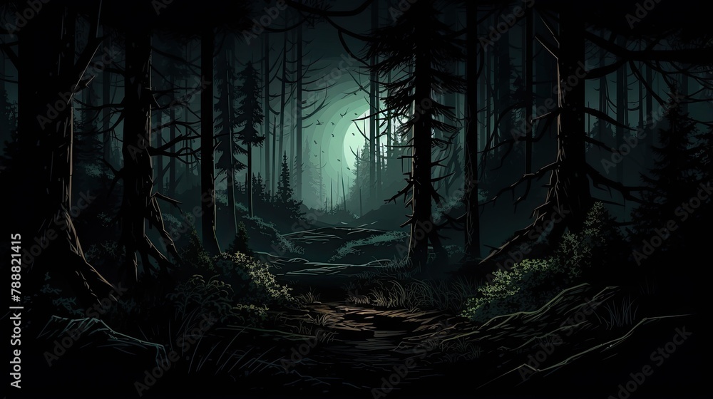 Poster a dark and mysterious forest with a full moon shining through the trees. the path leading into the f