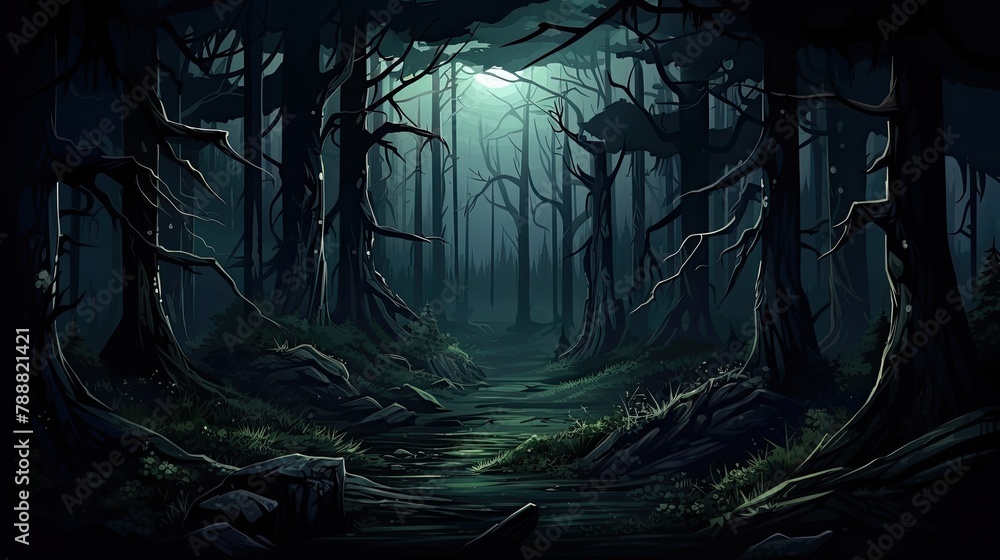 Poster a dark and mysterious forest with a full moon shining through the trees. the path leading into the f