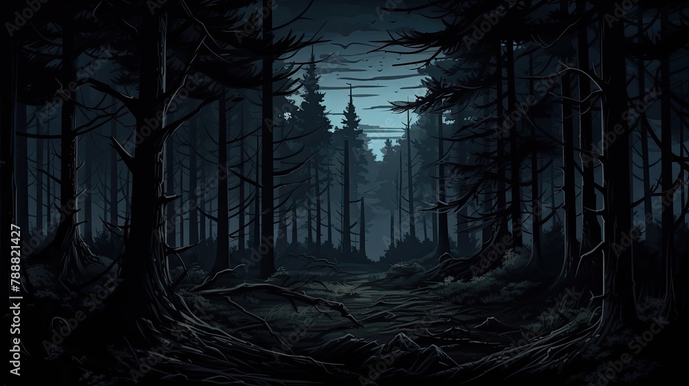 Poster a dark and mysterious forest with a path leading into the unknown.
