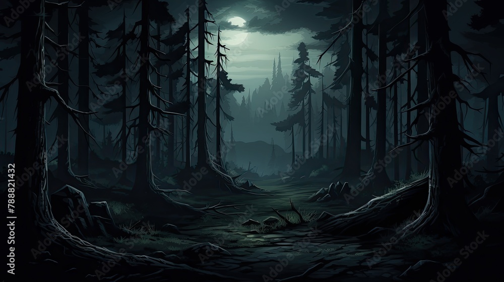 Poster a dark and mysterious forest with a full moon shining through the trees. the path leading into the f
