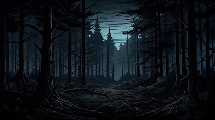 A dark and mysterious forest with a path leading into the unknown.