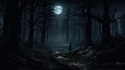 Fototapeta premium The full moon casts a ghostly glow over the eerie forest. The gnarled trees reach out like skeletal hands, and the twisted branches creak in the wind.