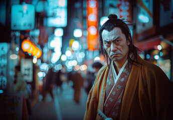 A traditional Japanese samurai, clad in historical attire, walks with a look of disapproval amidst the neon-lit modernity of a bustling Tokyo street at night.