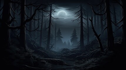 Obraz premium A dark and mysterious forest at night. The only light comes from a full moon, which casts eerie shadows on the trees and ground.
