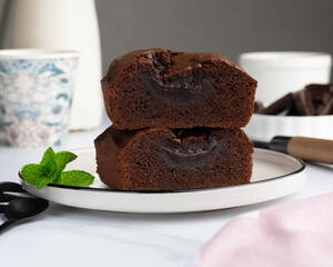 tasty homemade chocolate cake on white