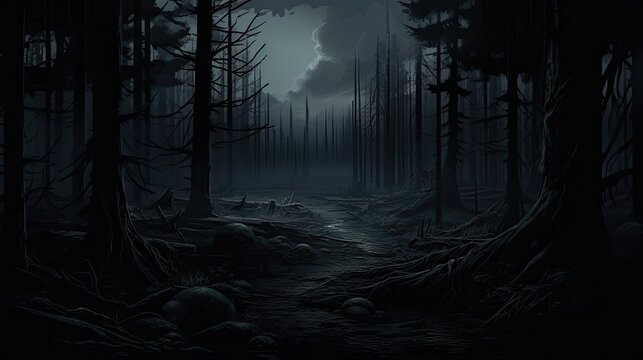 A dark and mysterious forest with a full moon shining through the trees.