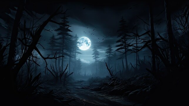 A dark and mysterious forest at night. The only light comes from a full moon, which casts eerie shadows on the trees.