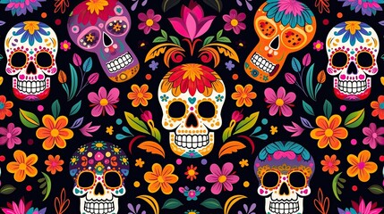 Colorful seamless pattern with sugar skulls and flowers. Traditional Mexican folk art. Vector illustration.