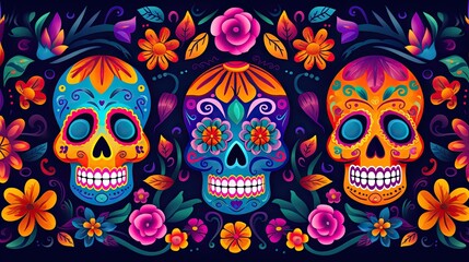 Colorful illustration of three sugar skulls with floral elements. The perfect backdrop for any day of the dead celebration.
