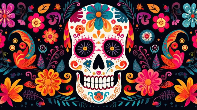 This is a vibrant and colorful illustration of a skull with floral elements.