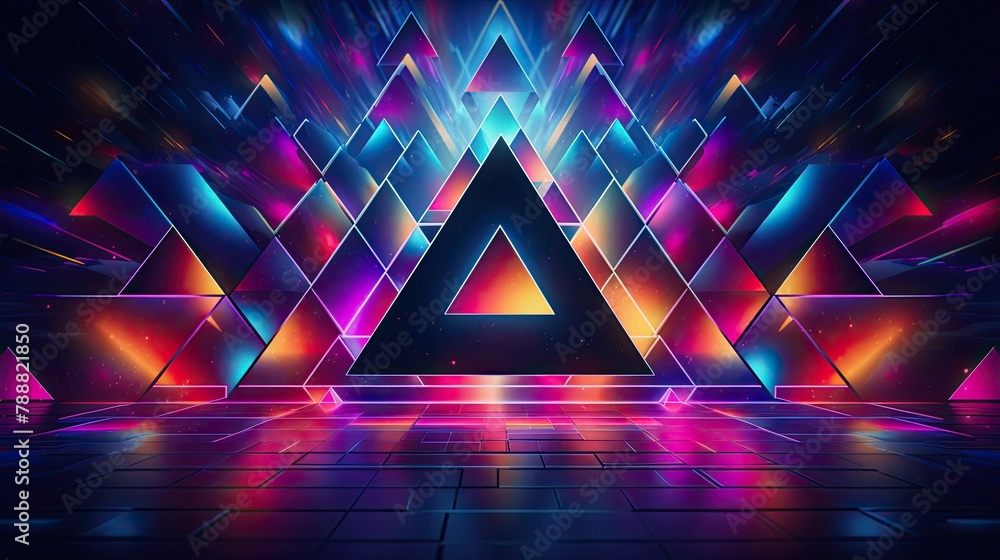 Poster a glowingä¸‰è§’å½¢in the center of the image with a dark background. the triangle is made up of mult