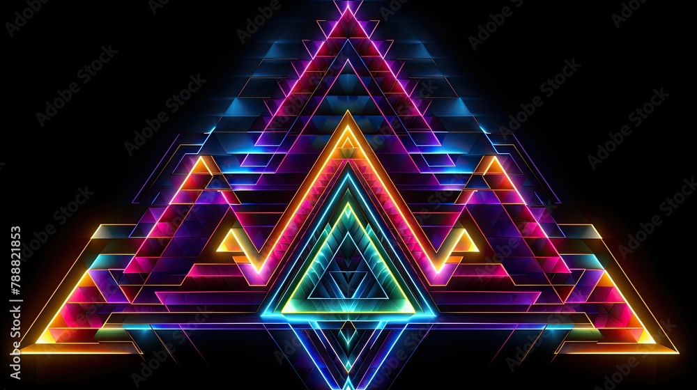 Poster a symmetrical glowing triangle made of colorful neon lights. the triangle is surrounded by a dark ba