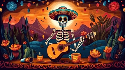 A colorful illustration of a skeleton wearing a sombrero and playing the guitar.
