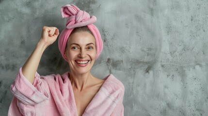 beautiful woman in bathrobe in a bathroom on gray background in high resolution and high quality