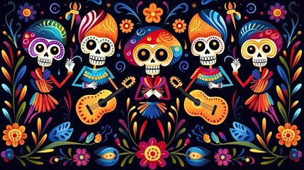 Naklejka premium This is a colorful and festive illustration of a group of skeletons playing music.