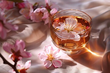 Golden beverage in a transparent glass with a delicate peach blossom, set against a backdrop of...