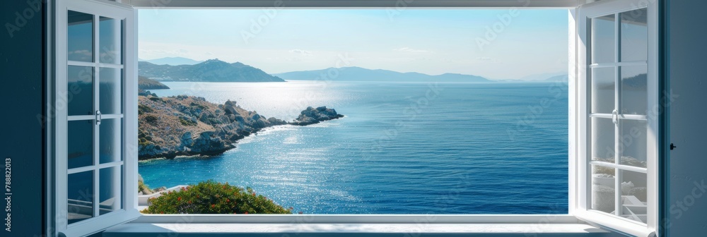 Poster a window overlooking the ocean with a view of the mountains