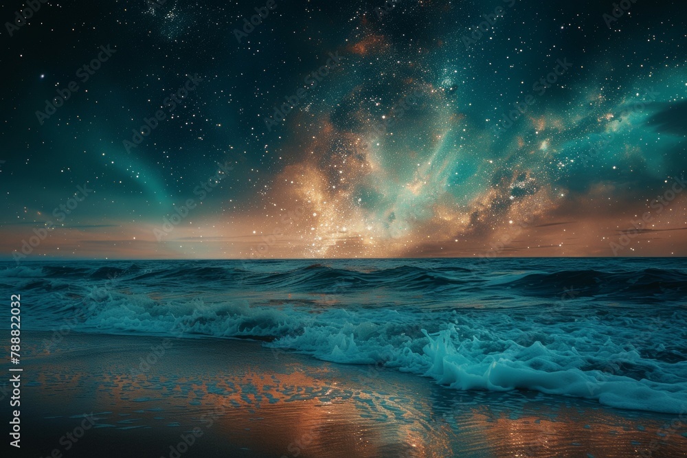 Wall mural a beautiful ocean view with a starry sky in the background