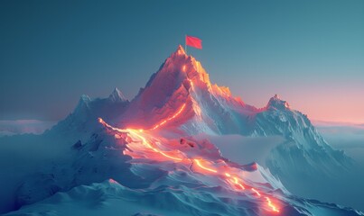 A mountain with a red flag on top and red line of fire coming down the side - Powered by Adobe