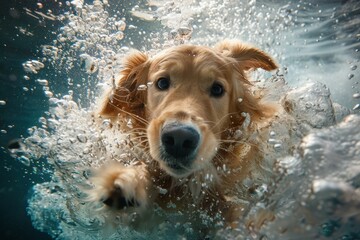 A dog is swimming in a pool and splashing water. Summer heat concept, background