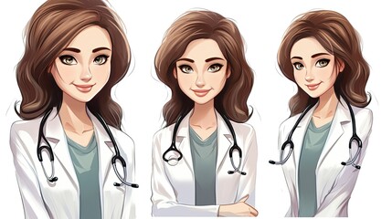 Fototapeta premium ðŸ‘©â€âš•ï¸ A beautiful young female doctor with long brown hair and green eyes is wearing a white lab coat and stethoscope.