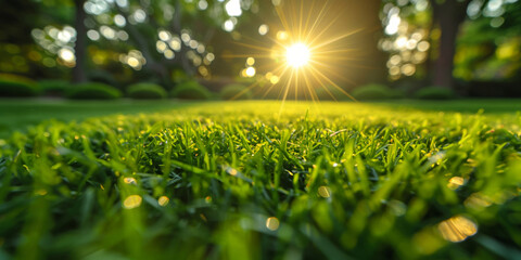 Closeup, grass and plant with sunrise, nature and green growth with outdoor sunshine. Lawn, meadow and environment for summer season, vibrant field and idyllic background with macro morning garden - obrazy, fototapety, plakaty