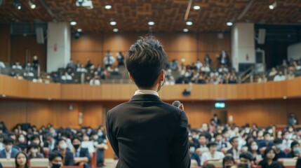 man giving a lecture in a conference room in front of people with a microphone and good lighting in high resolution and high quality. concept lectures, teacher, speech