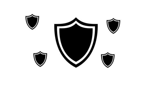 Zoom in and out animation the shield symbol. Large black symbol in the center and four small symbols around. Seamless looped 4k animation on white background