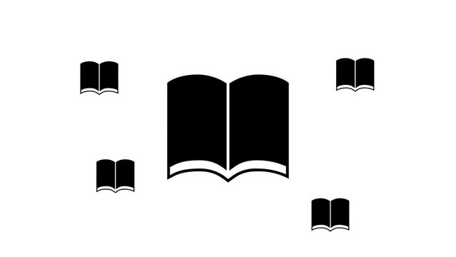 Zoom in and out animation the book symbol. Large black symbol in the center and four small symbols around. Seamless looped 4k animation on white background