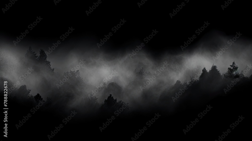 Poster this is a royalty free image of a dark and mysterious forest. the trees are silhouetted against a th