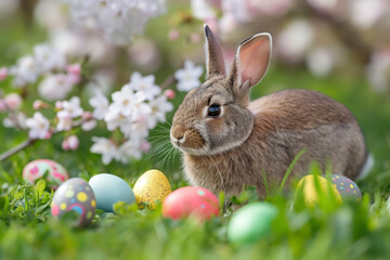 Fototapeta na wymiar A Hop into Spring: A Curious Bunny Rabbit Amidst a Kaleidoscope of Easter Eggs.